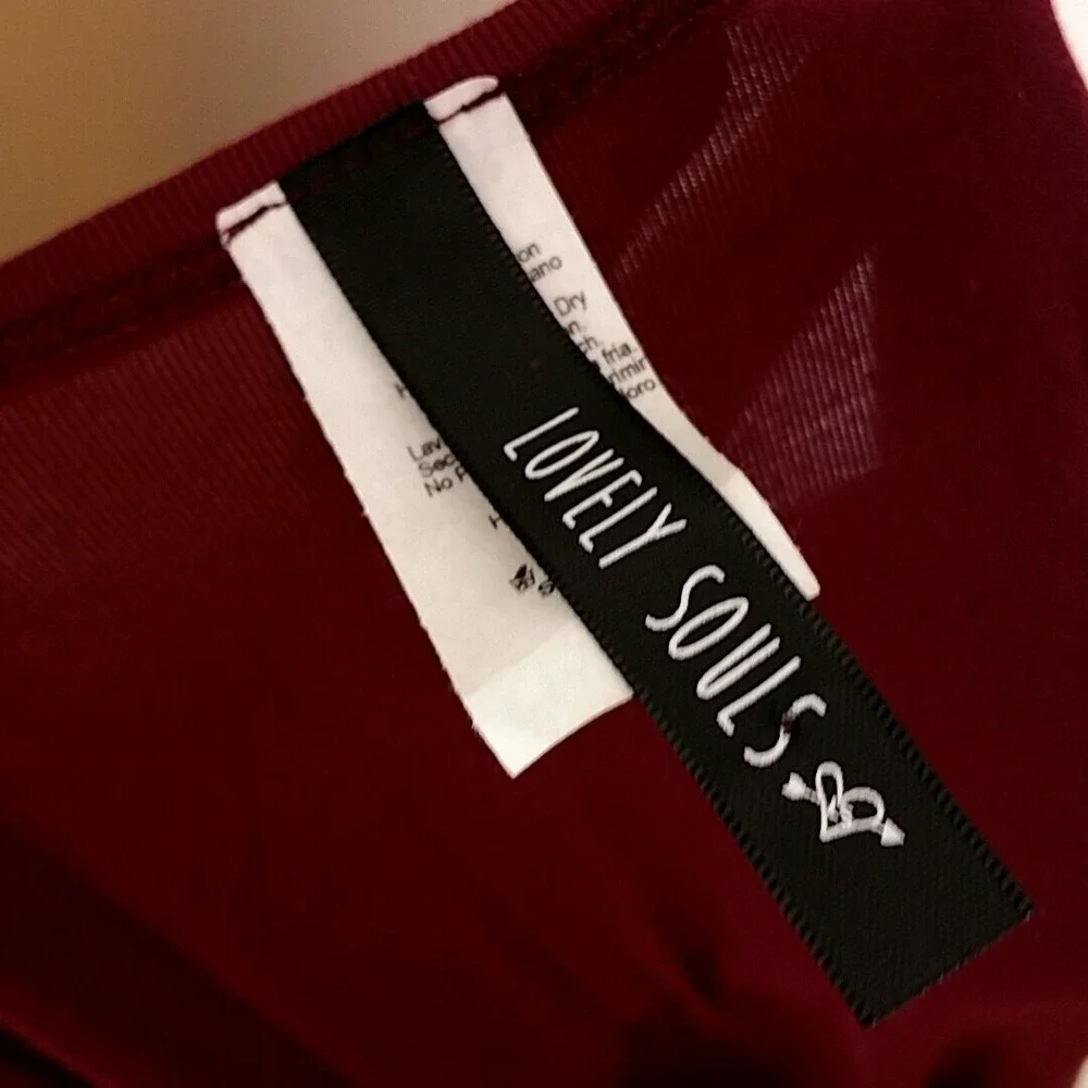 Lovely Souls Tunic Top Womens Small Burgundy Pom Pom Trim Bell Sleeve